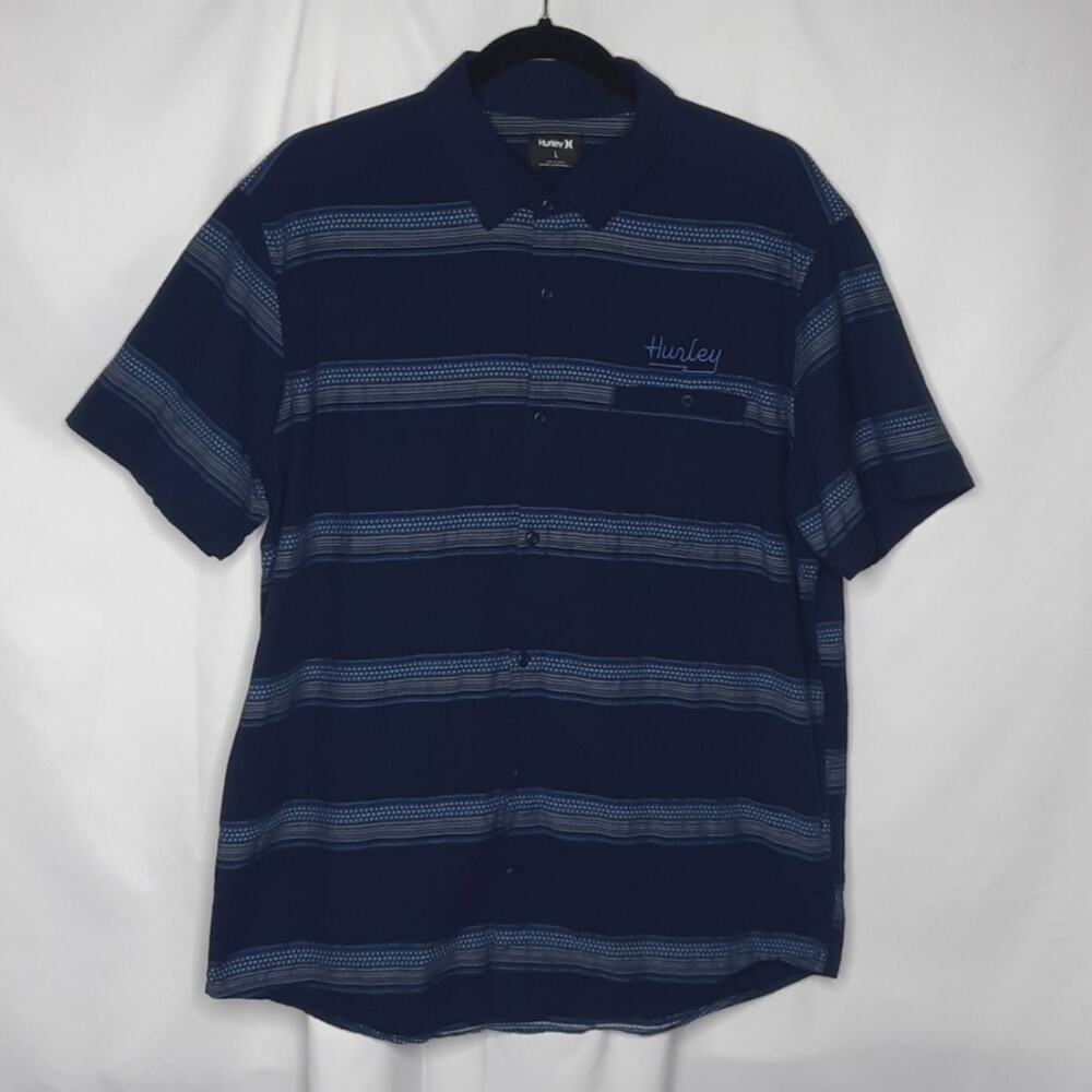 Hurley Button Up Shirt Mens Striped Short Sleeve Blue Large